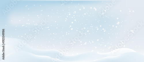 Snowy winter background with realistic 3D elements. White snow piles frame ice-covered landscape, creating perfect border for seasonal illustrations and festive designs.