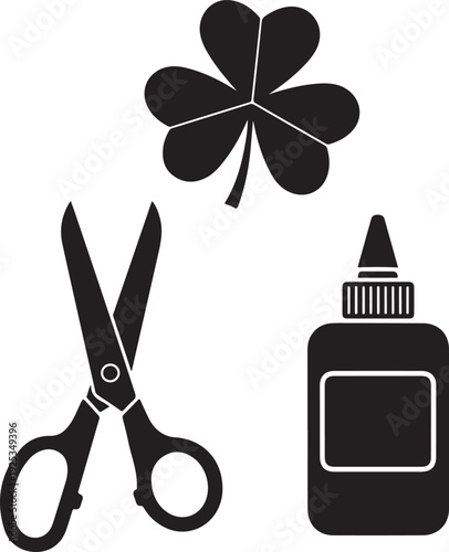 St. Patrick's Day crafting supplies: scissors, glue bottle, and clover leaf icon, black and white vector , Generative Ai