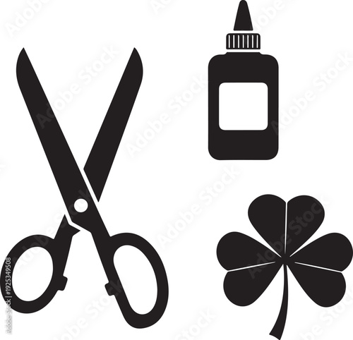 St. Patrick's Day crafting supplies: scissors, glue bottle, and clover leaf icon, black and white vector , Generative Ai