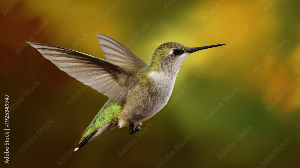 Fototapeta premium Hummingbird in mid-flight against a blurred background