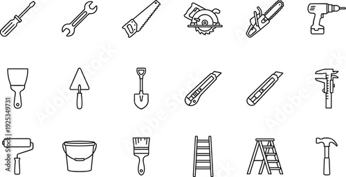 Hand tools outline vector icon set, construction repair equipment symbols, screwdriver saw drill graphics, diy workshop essentials, minimal line ui pack