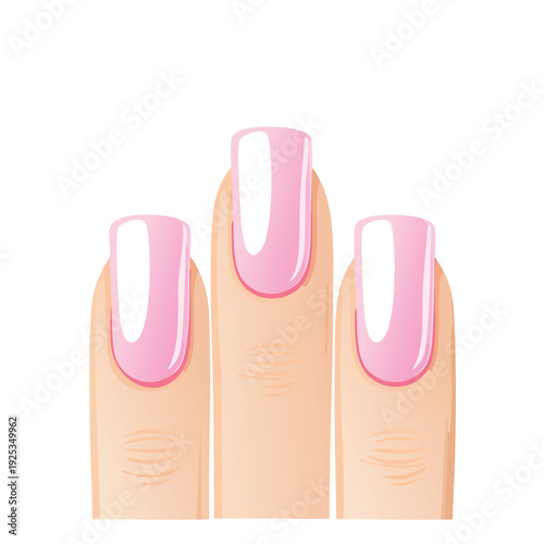 Close up of three pink painted fingernails on a hand isolated