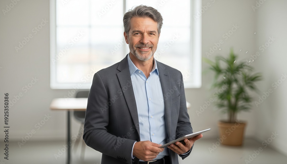 Fototapeta premium Smiling middleaged businessman holding tablet in modern office space with window