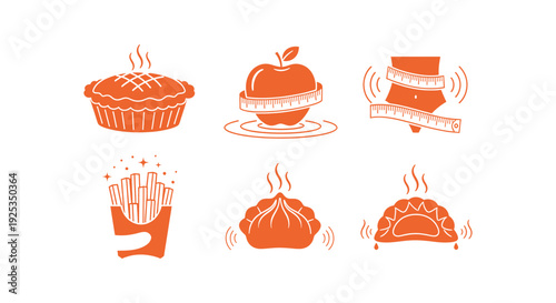 Flat vector icons of orange food items featuring apple with measuring tape and delicious pie representing a healthy lifestyle and nutrition.