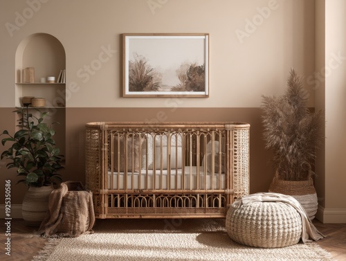 A crib with a picture on the wall above it