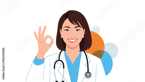 Confident and friendly female doctor with a stethoscope making an 'OK' hand gesture, signifying good health and positive results.