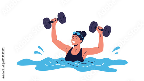 Happy young woman exercising in a swimming pool with dumbbells, enjoying a fun and effective water aerobics workout for fitness.
