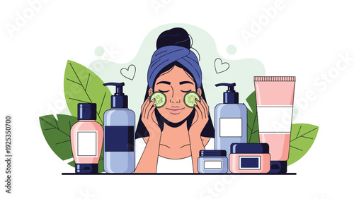 Woman with a towel on her head relaxing with cucumber slices on her eyes, surrounded by a variety of skincare products.