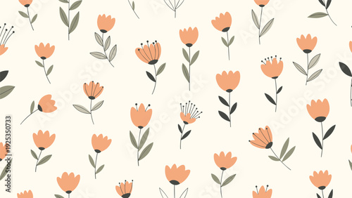 Seamless floral pattern featuring stylized orange flowers and green leaves on a light background, a charming and gentle botanical wallpaper.