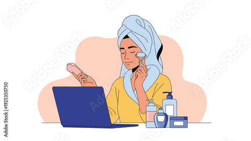 Woman in a bathrobe practicing her skincare routine with a jade roller while watching a beauty tutorial on her laptop at home.