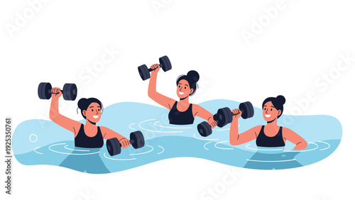 Group of three happy women exercising together in a swimming pool with dumbbells as part of a fun water aerobics fitness class.