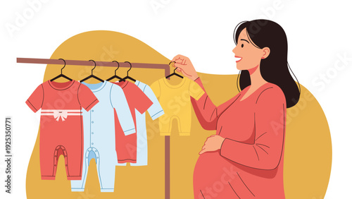 Happy pregnant woman thoughtfully choosing colorful baby clothes on a rack, joyfully preparing for the arrival of her new baby with love.