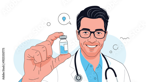 Confident male doctor smiling and holding up a vial of vaccine or medicine, representing immunization, treatment, and medical breakthroughs.