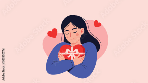 Content woman with her eyes closed tenderly hugging a heart-shaped gift box, representing self-love, gratitude, and receiving presents.