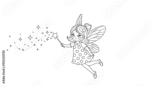 Charming black and white coloring page for children featuring a cute little fairy with wings flying and creating sparkles with a magic wand.