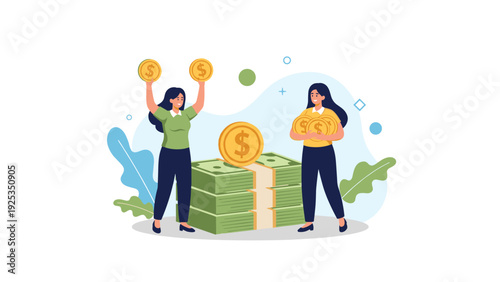 Two happy women standing with huge stacks of cash and giant gold coins, celebrating financial success, wealth, and making money.