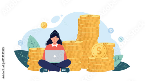 Young woman sitting with her laptop surrounded by large stacks of gold coins, representing online income, financial success, and wealth.