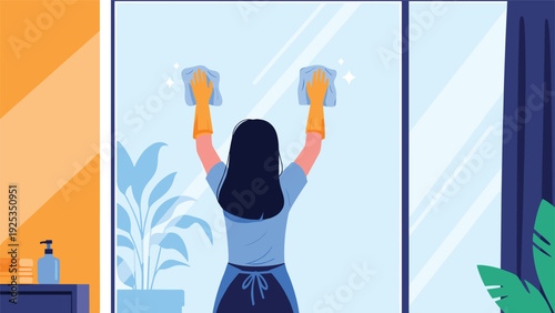 Woman wearing gloves and an apron cleaning a large window or glass door with cloths, representing housekeeping and domestic chores.