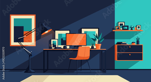 Modern home office vector illustration with desk, computer, and chair, minimalist design and vibrant colors
