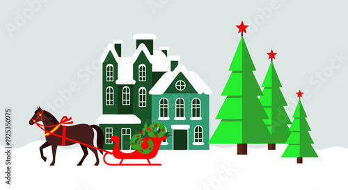 Festive winter vector illustration of a horse-drawn sleigh with gifts approaching snow-covered houses and Christmas trees