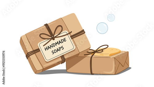 Two bars of natural, organic handmade soap wrapped in brown craft paper and twine, with a label and soap bubbles in the air.