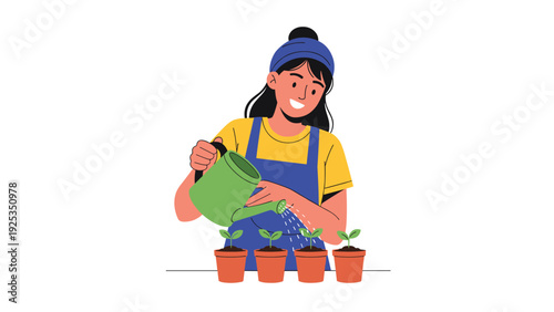 Smiling young woman in an apron and beanie carefully watering small green seedlings in terracotta pots with a green watering can.