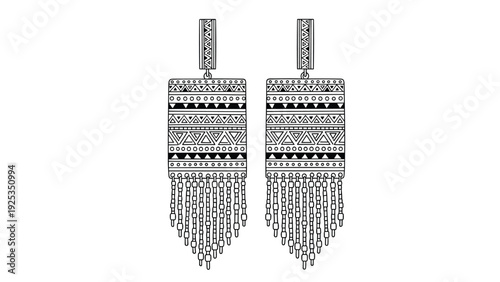 Black and white line art illustration of a pair of long, rectangular bohemian-style earrings with intricate tribal patterns and tassels.