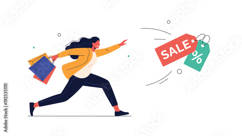 Excited woman with shopping bags running to catch flying sale and percentage tags, illustrating the thrill of discounts and special offers.