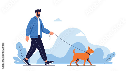 Man enjoying a relaxing walk outdoors in a park with his happy dog on a leash, illustrating pet ownership and a healthy lifestyle.