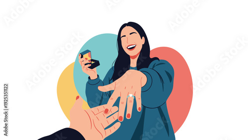 Joyful woman reacting with excitement as her partner proposes, showing off her new diamond engagement ring on her finger.