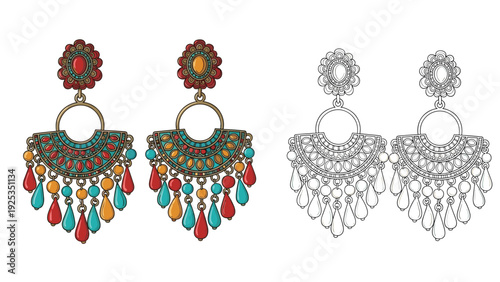 Pair of ornate bohemian chandelier earrings with colorful beads and dangling teardrops, shown in a colored and black and white version.