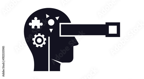 Human Profile Silhouette With Mechanical Gears Puzzle Pieces And A Viewfinder Representing Problem Solving Logical Thinking And Focused Artificial Intelligence Vision