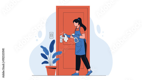 Woman in an apron and gloves diligently cleaning and disinfecting a door handle with a cloth to maintain a hygienic home environment.