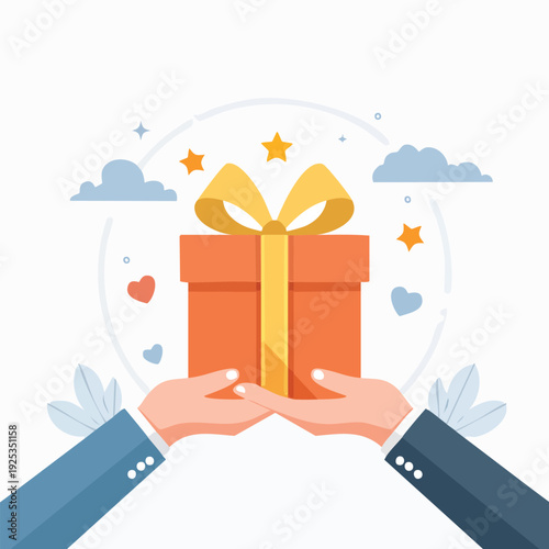 Hands presenting a gift box illustration