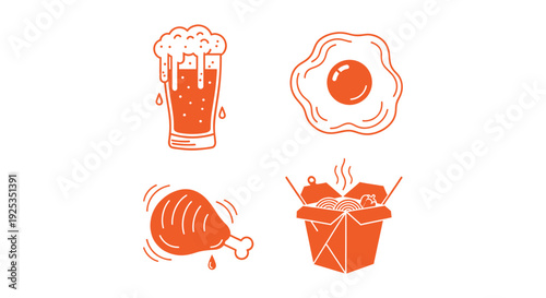 Assorted meal and drink icons featuring a glass of beer and fried egg with a chicken leg and noodle box container.