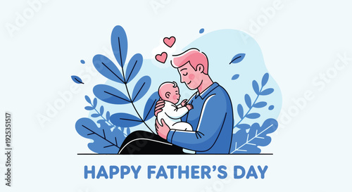 Charming Colorful Illustration Of A Father Holding His Sleeping Baby Close To His Chest Surrounded By Blue Leaves And Hearts