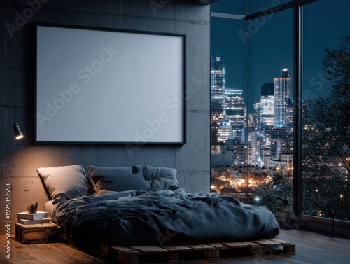 A bed is in a room with a large window