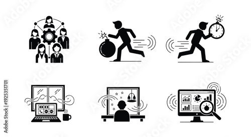 A series of six black and white icons depicting different business concepts