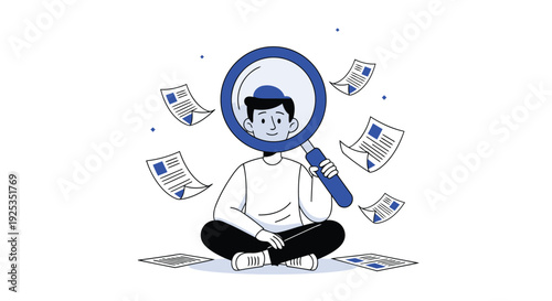 Flat Vector Illustration Of A Man Sitting With A Large Magnifying Glass Searching Through Multiple Floating Documents And Paper Sheets