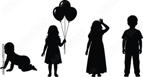 Silhouettes of four children in various poses on white background kids black
