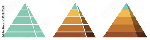 Pyramid diagram set with segmented layers, representing hierarchy, stages, and progressive information flow
