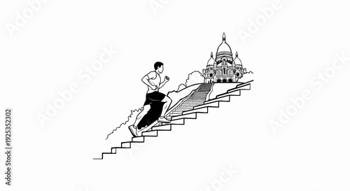 Man running up stairs towards a domed building