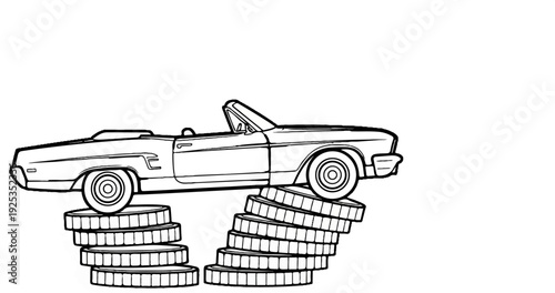 A convertible car balanced on stacks of coins, symbolizing wealth