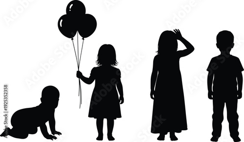 Silhouettes of four children playing with balloons kids black