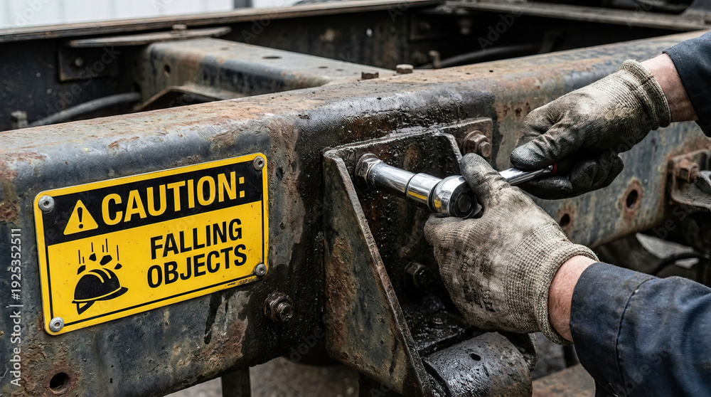Worker tightening bolt with wrench on rusty metal frame near caution falling objects sign, industrial maintenance work with protective gloves, safety warning in workshop environment