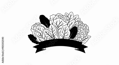Black and white illustration of assorted leafy greens and a banner