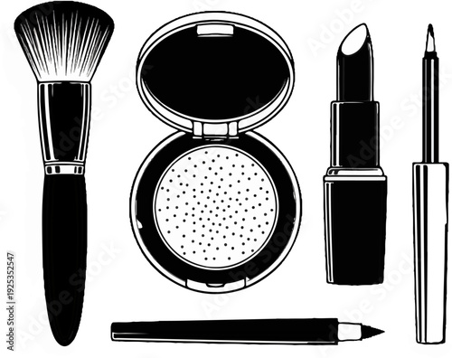 A collection of black and white cosmetic items, including makeup brushes, lipstick, and compact powder