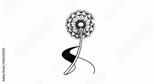 Black and white stylized dandelion with flowing lines
