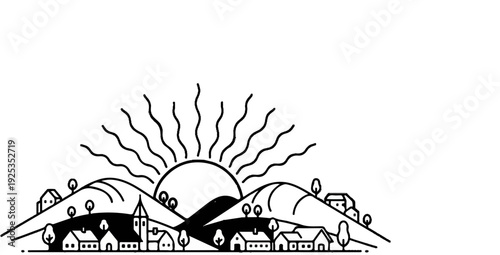 Stylized rural village scene with a rising sun behind rolling hills