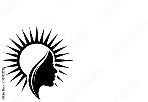 Stylized silhouette of a woman's profile with a sunburst behind her head